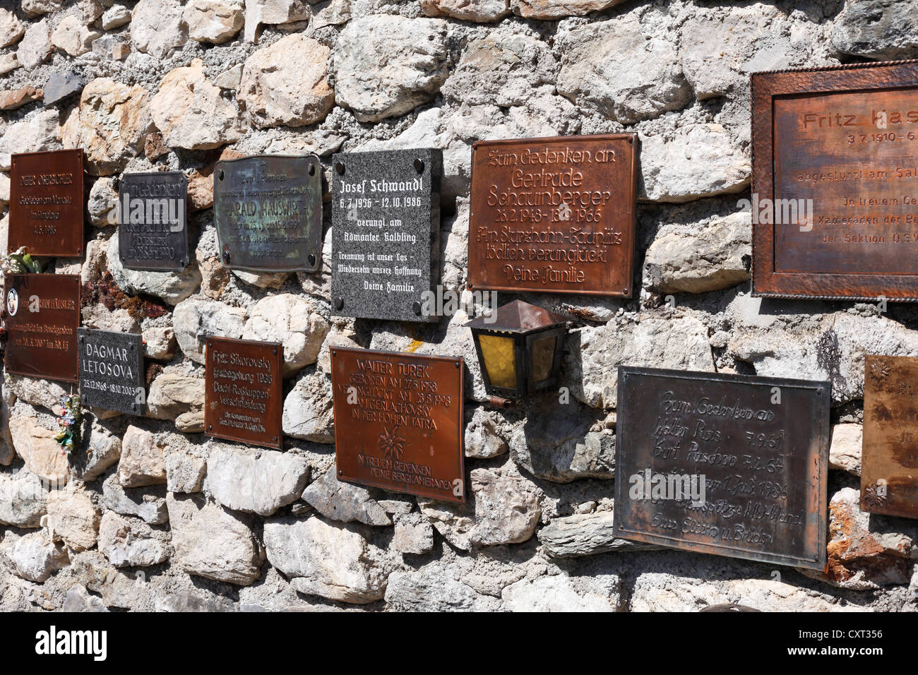 Plaques, mountaineers' cemetery in Johnsbach, Gesaeuse, Ennstal Alps, Upper Styria, Styria, Austria, Europe, Stock Photo