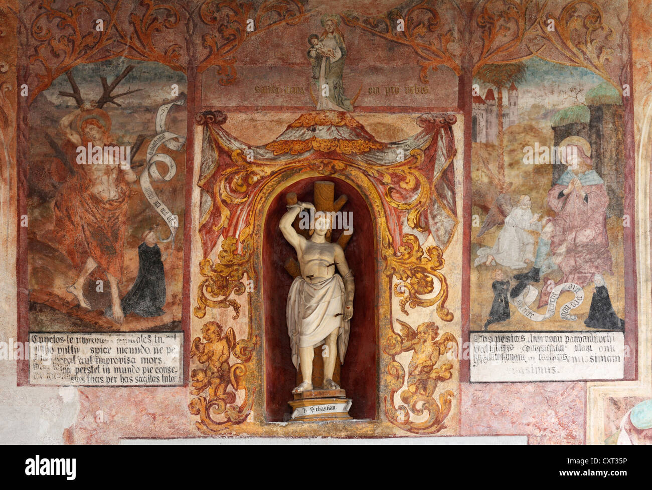 Outdoor frescoes on Sebastianikapelle chapel, Weng im Gesaeuse, Upper Styria, Styria, Austria, Europe, PublicGround Stock Photo