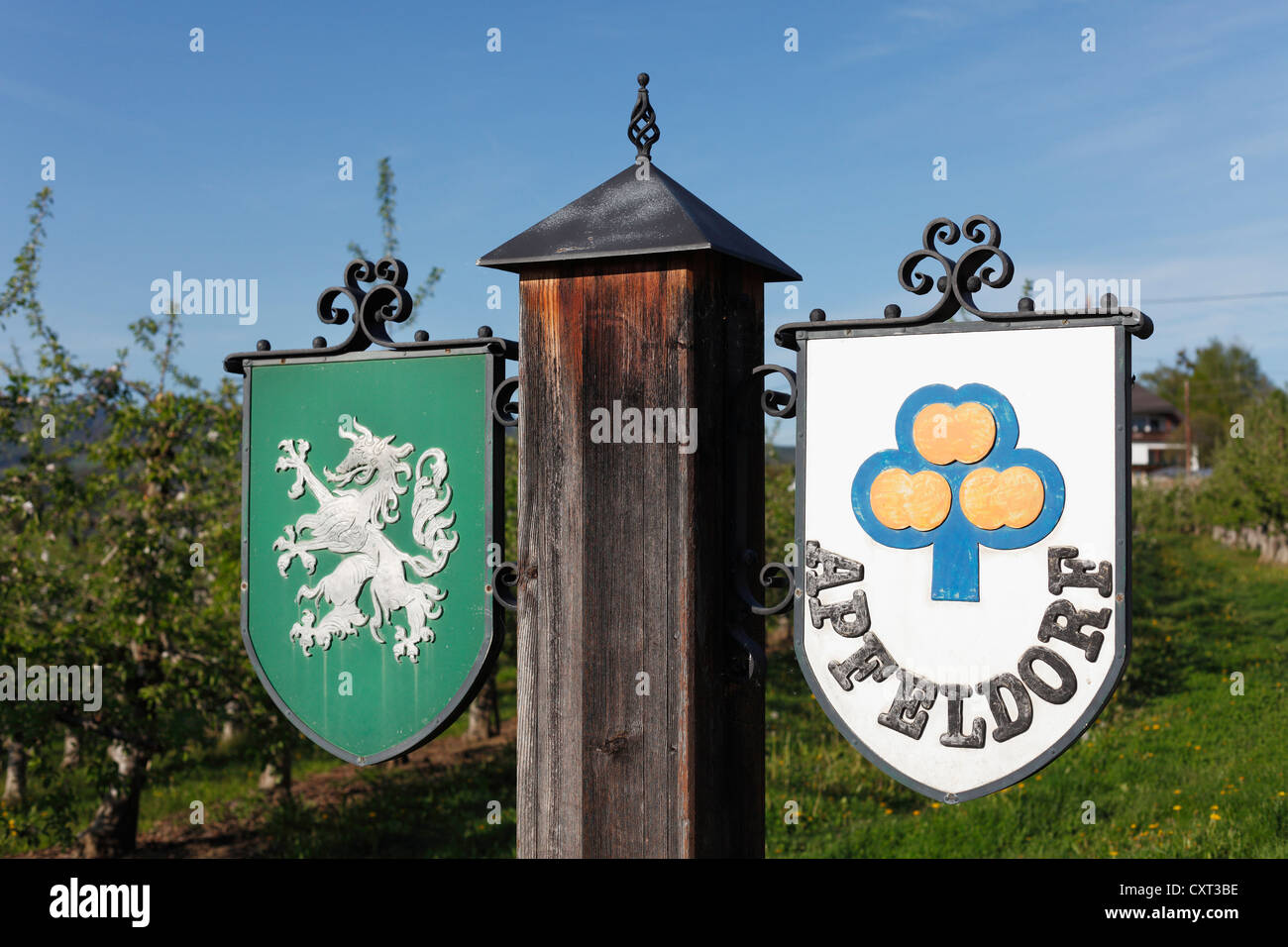 Styrian coat of arms and sign 'Apfeldorf', apple village, Puch near Weiz, East Styria, Styria, Austria, Europe, PublicGround Stock Photo