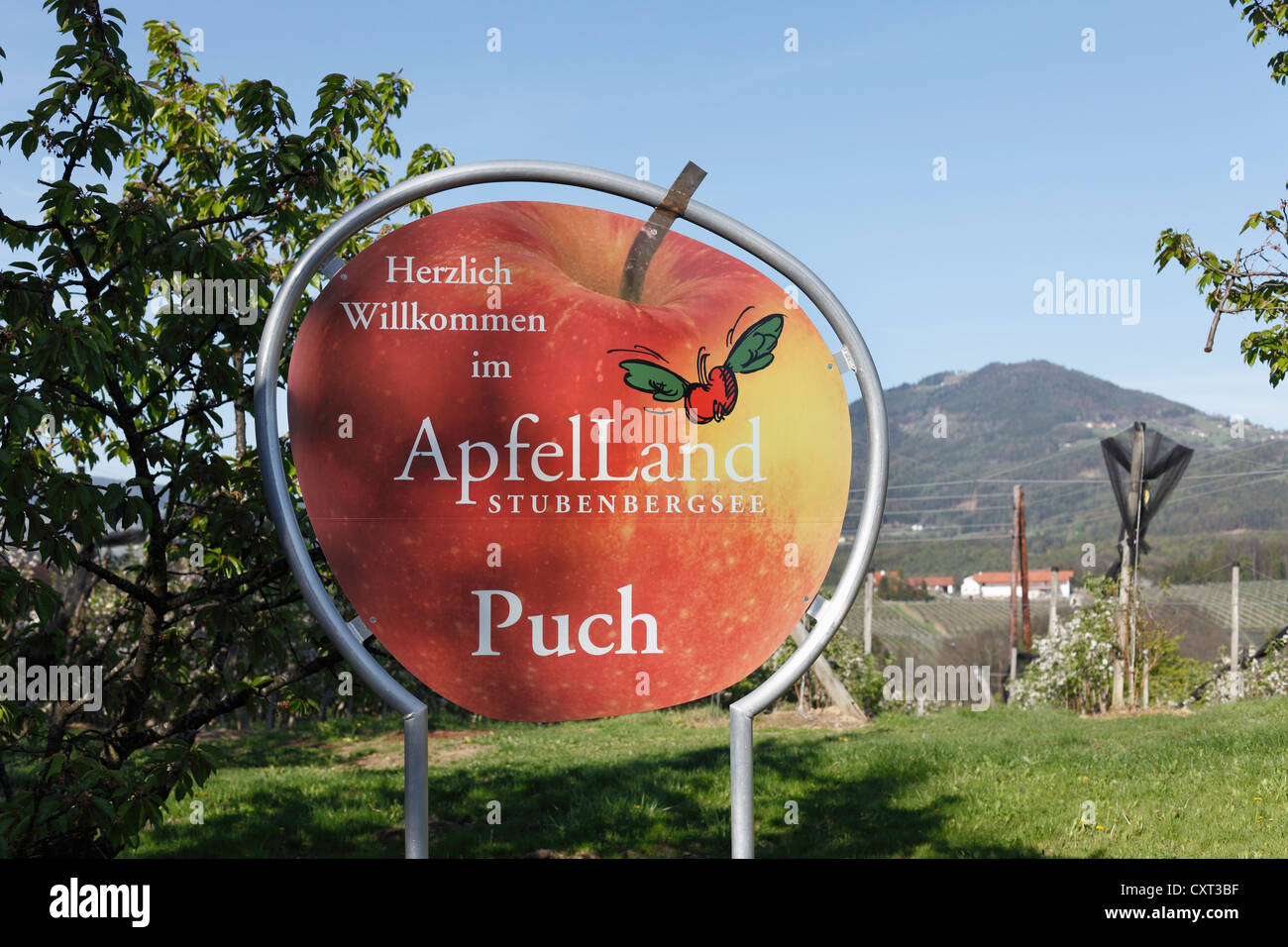 Sign 'Apfelland Stubenbergsee Puch', German for 'apple country Stubenbergsee Puch', Puch near Weiz, East , , Austria, Europe Stock Photo