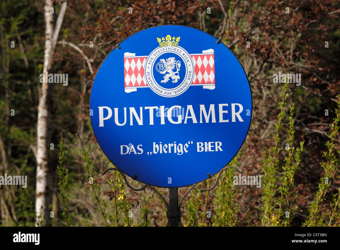 Sign with the inscription 'Puntigamer - das bierige Bier', German for 'the beery beer', Styria, Austria, Europe, PublicGround Stock Photo
