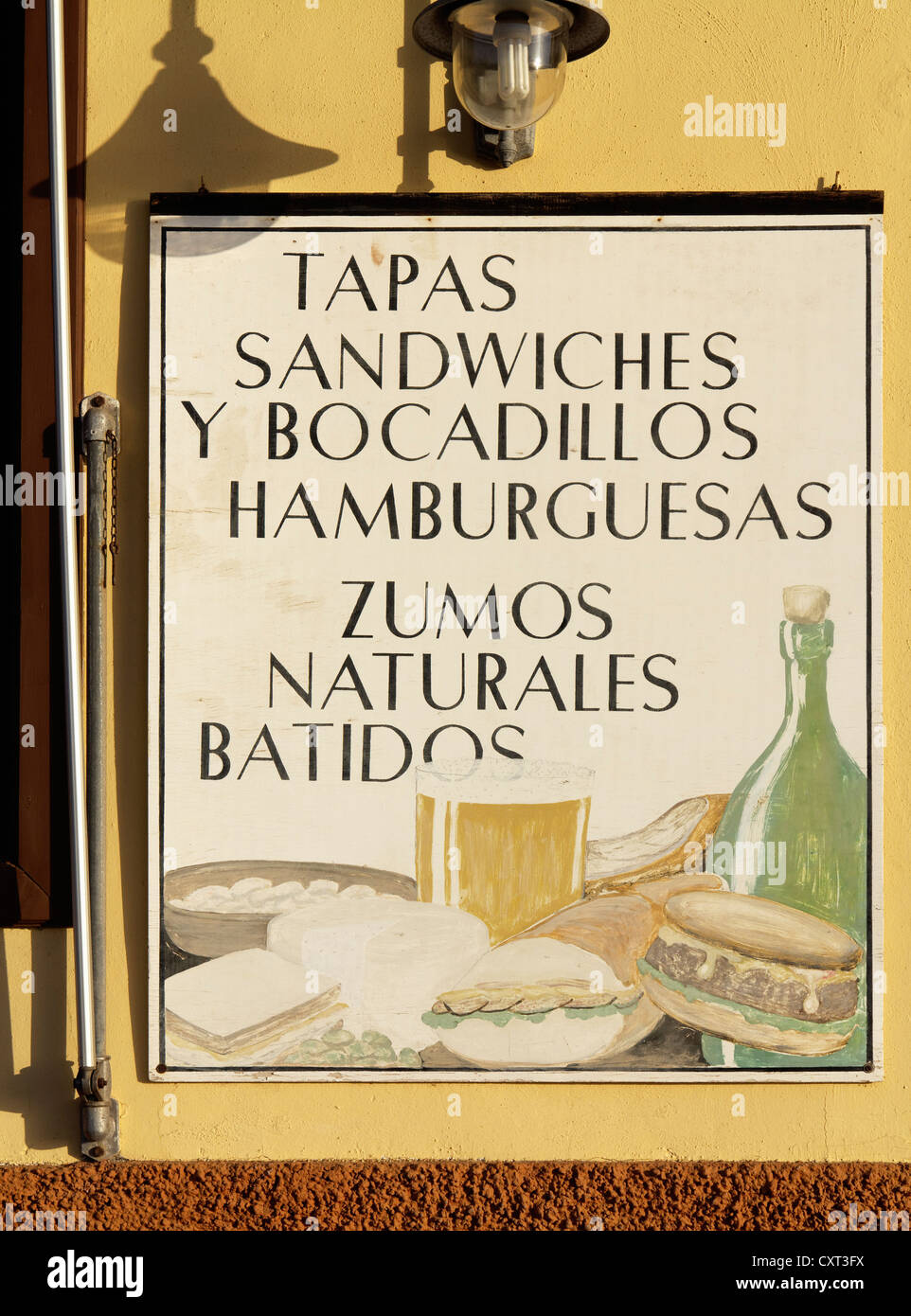 Tapas menu, sandwiches, bocadillos, hamburgers, and fruit juices, restaurant Bodegon del Mar, Playa de Santiago, La Gomera Stock Photo