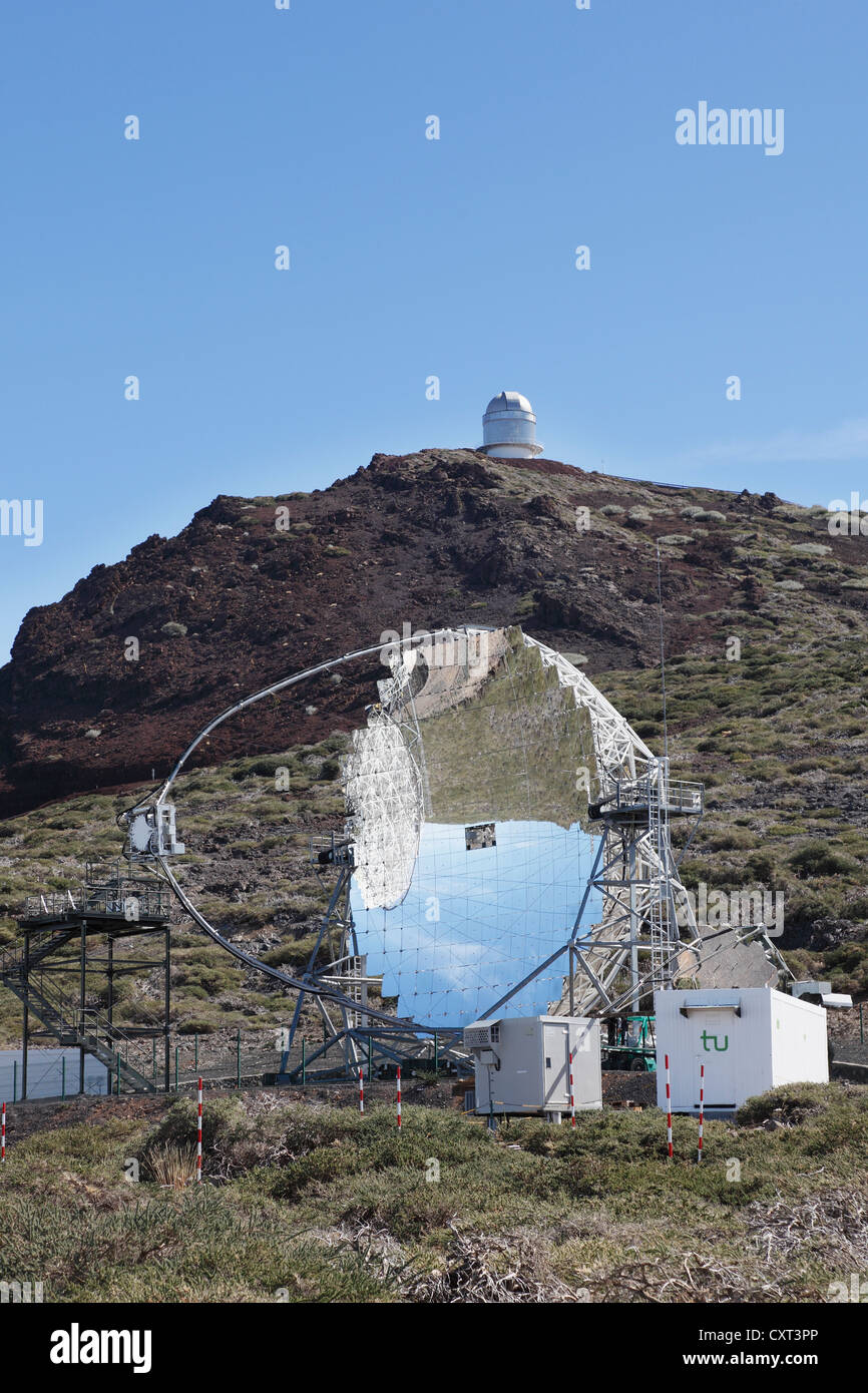 Cherenkov telescope, reflecting telescope, MAGIC, Major Atmospheric Gamma-ray Imaging Cherenkov Telescope, Observatory of the Stock Photo