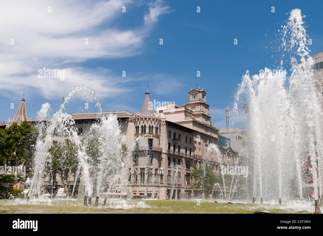 Fountains, Placa de Catalunya square, Catalonia Square, city centre, Barcelona, Catalonia, Spain, Europe Stock Photo