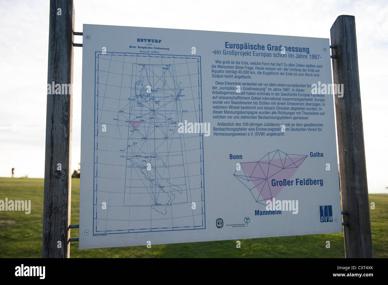 Information board to the European arc measurement, Mt Grosser Feldberg, Niederreifenberg, Hesse, Germany, Europe Stock Photo
