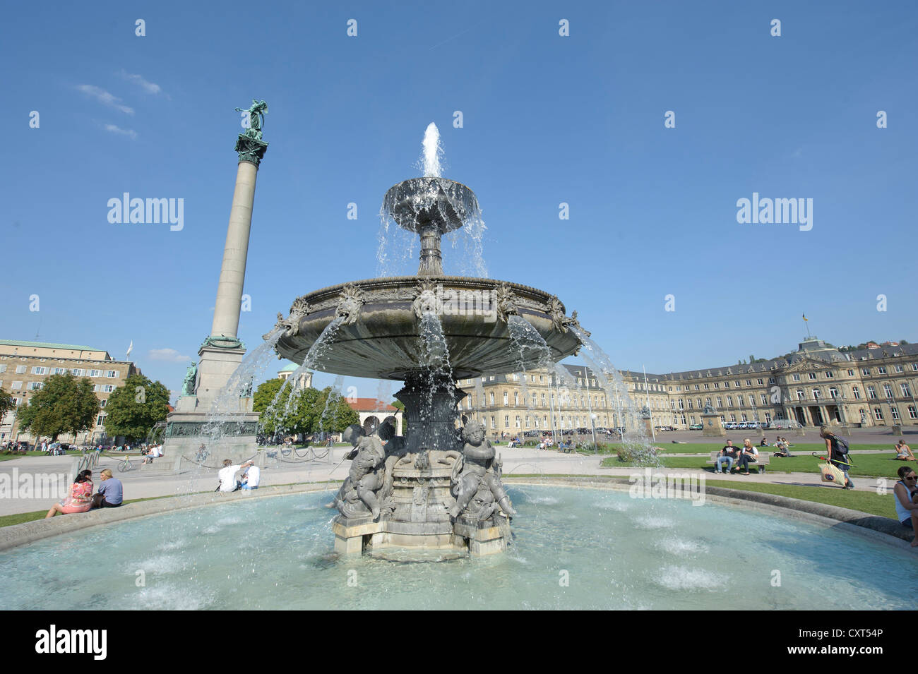 Schlossplatz square with a fountain and the 30-meter high Jubilaeumssaeule column, with a statue of the goddess Concordia Stock Photo
