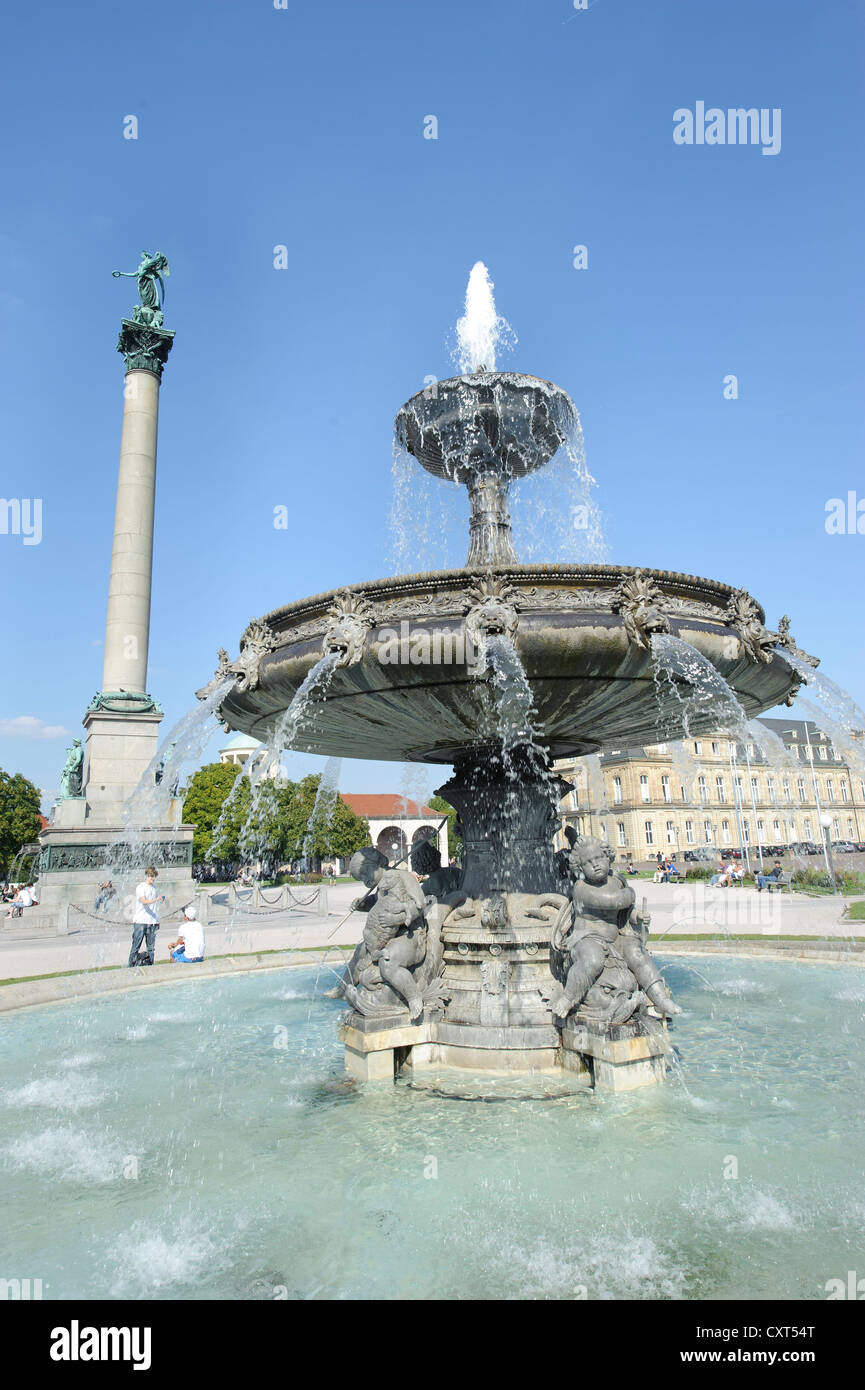 Schlossplatz square with a fountain and the 30-meter high Jubilaeumssaeule column, with a statue of the goddess Concordia Stock Photo
