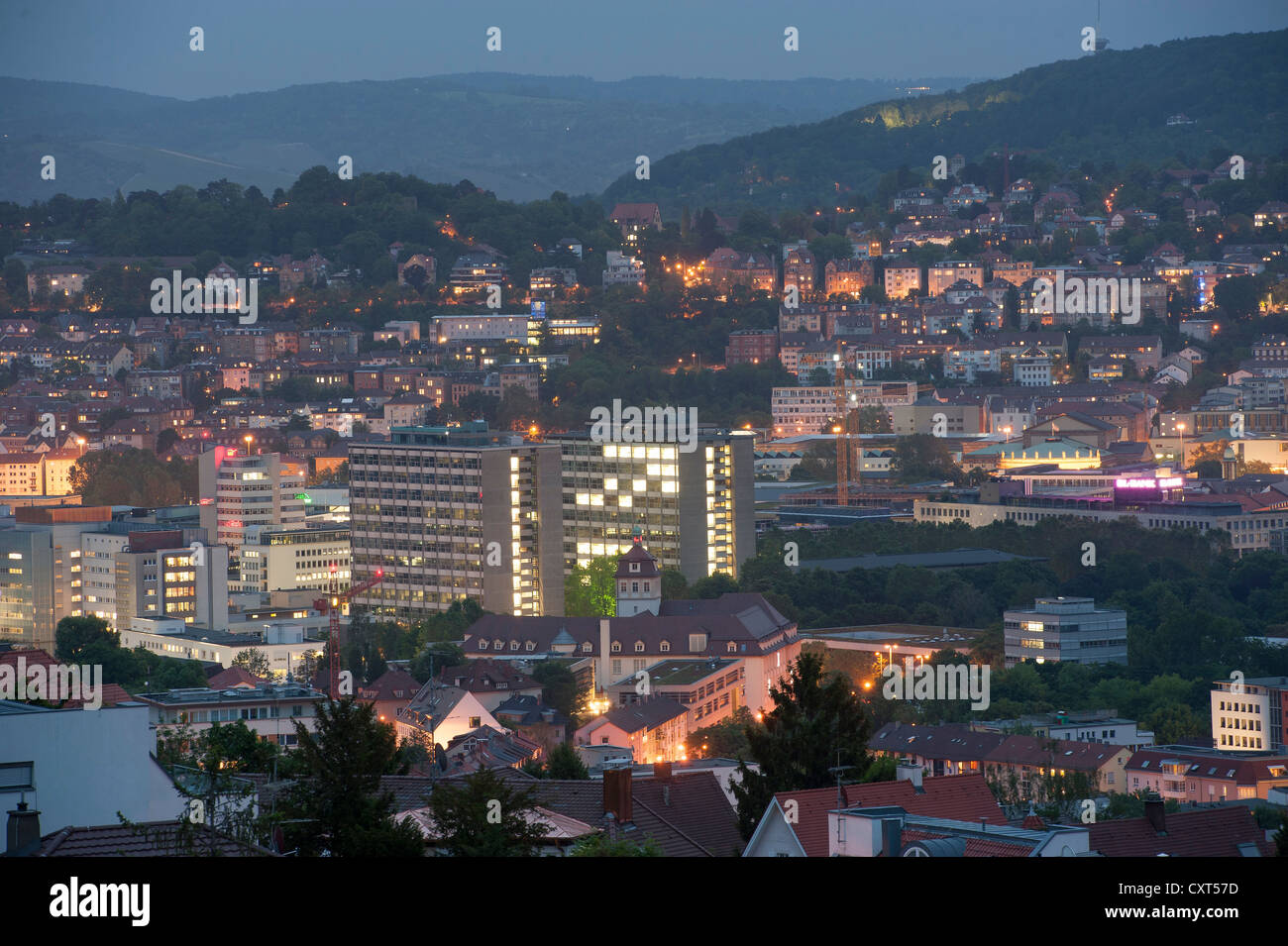 View of the city in the blue hour in the evening, Stuttgart, Baden-Wuerttemberg, Germany, Europe Stock Photo