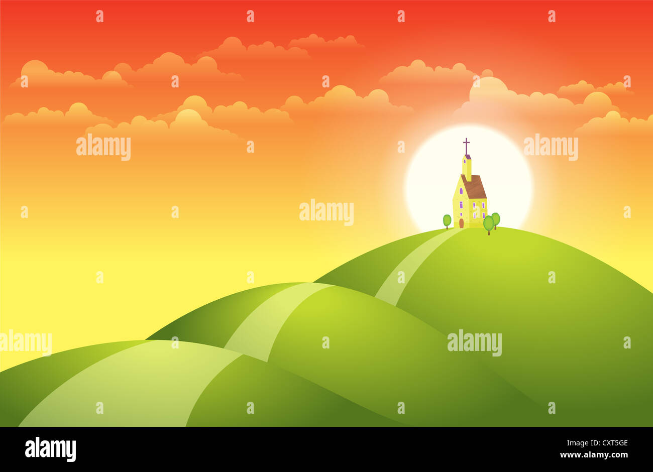 Vector illustration of a church on top of the hill with the sunset at ...