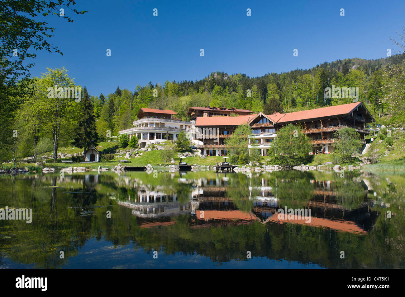 Hotel restaurant at Tatzelwurm lake, Bavarian Alps, Upper Bavaria, Bavaria, Germany, Europe Stock Photo