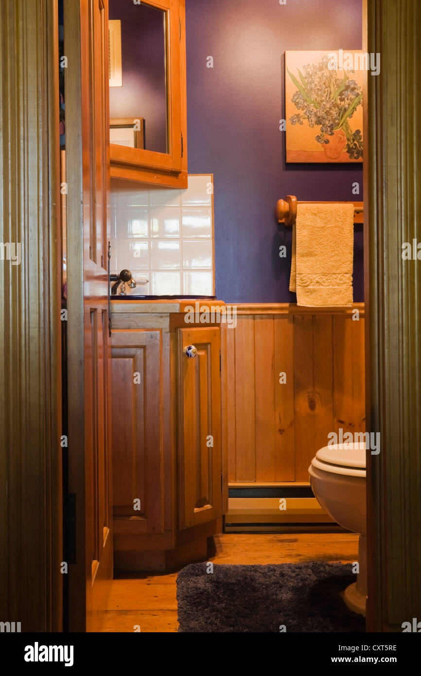 Small downstairs bathroom in a reconstructed old Canadiana cottage-style residential log home, 1978, Quebec, Canada. This image Stock Photo