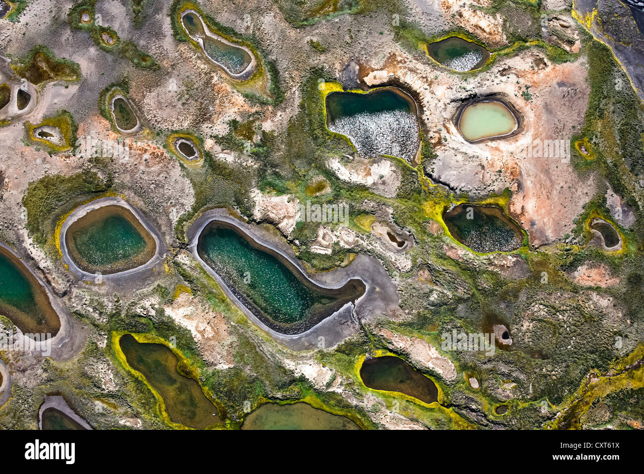Aerial view, ponds and puddles left by the melting glacier, on the northwestern edge of the Vatnajoekull glacier, Iceland Stock Photo