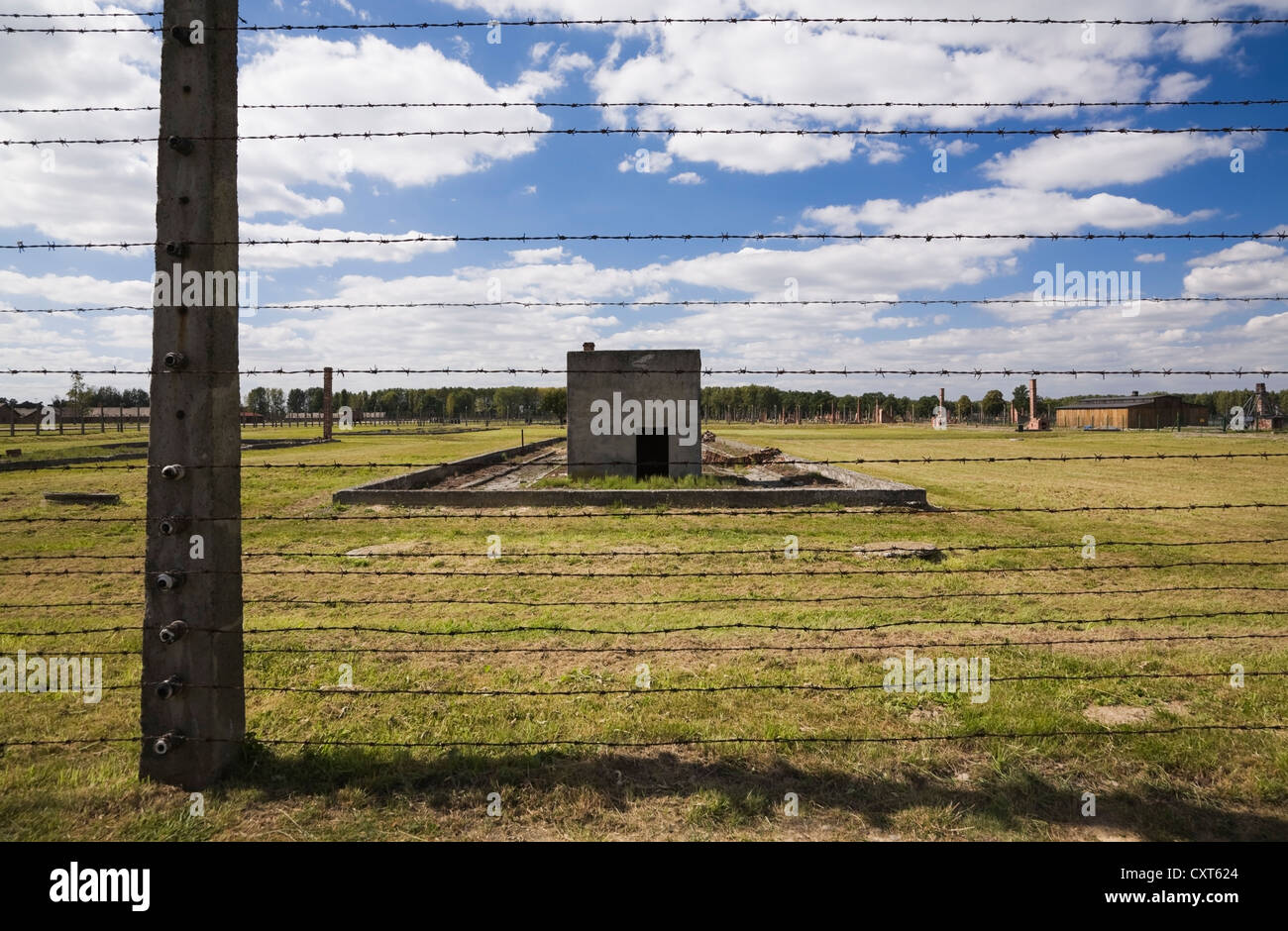 Barb wire electric fence inside the Auschwitz II-Birkenau former Nazi Concentration Camp, Auschwitz-Birkenau, Poland, Europe Stock Photo