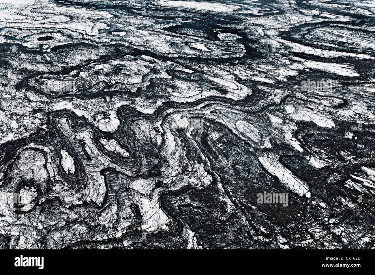 Aerial view, structures of volcanic ash and black lava in the ice and snow of the Vatnajoekull glacier, Iceland, Europe Stock Photo