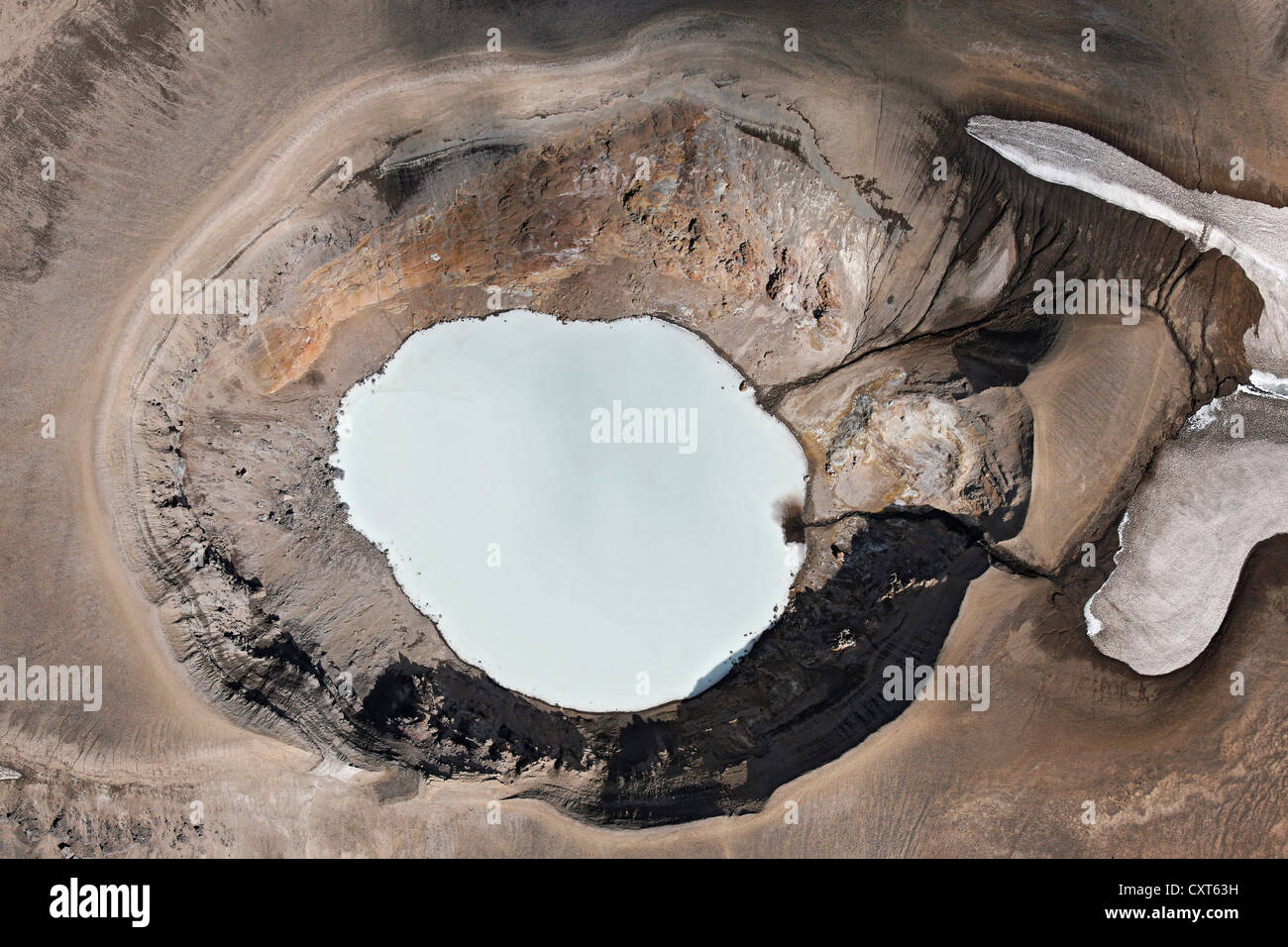Aerial view, Viti, a small warm crater lake in the Askja volcanic crater, Dyngjufjoell massif in the northern Highlands of Stock Photo