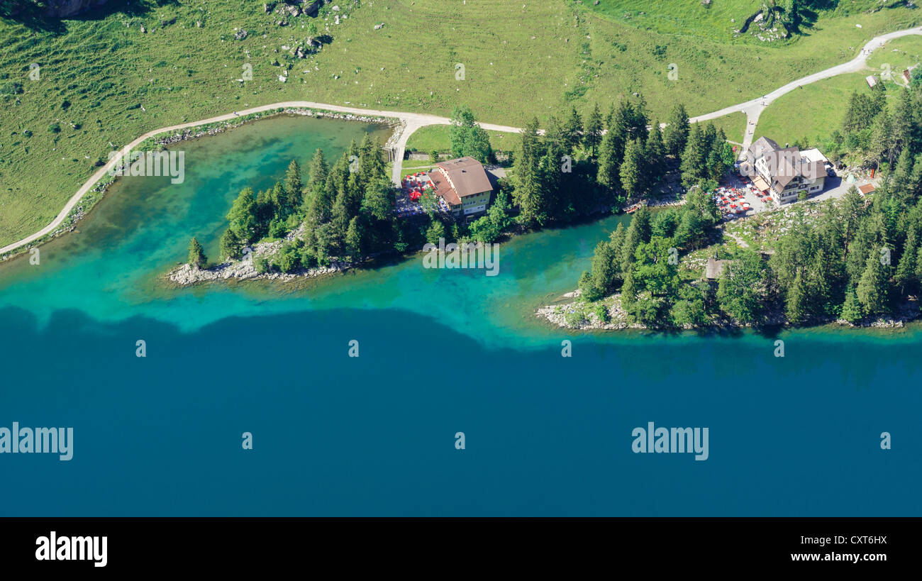 Mountain inns at Seealpsee Lake, Alpstein range, Canton of St Gallen, Switzerland, Europe Stock Photo
