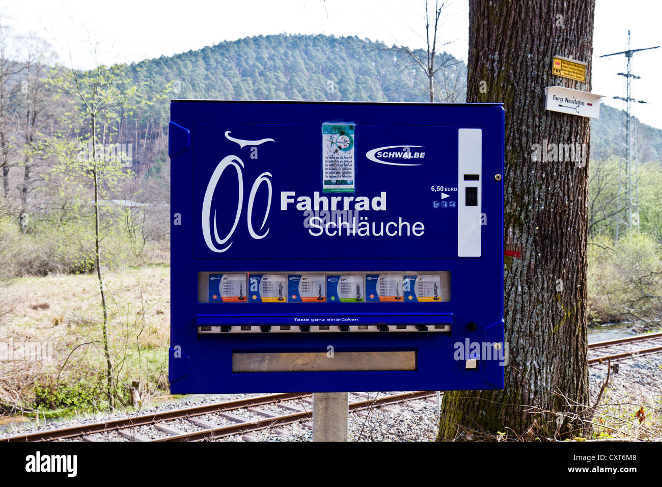 Vending machine for inner tubes for bicycle wheels, near Dahn, Palatinate Forest, Rhineland-Palatinate, Germany, Europe Stock Photo