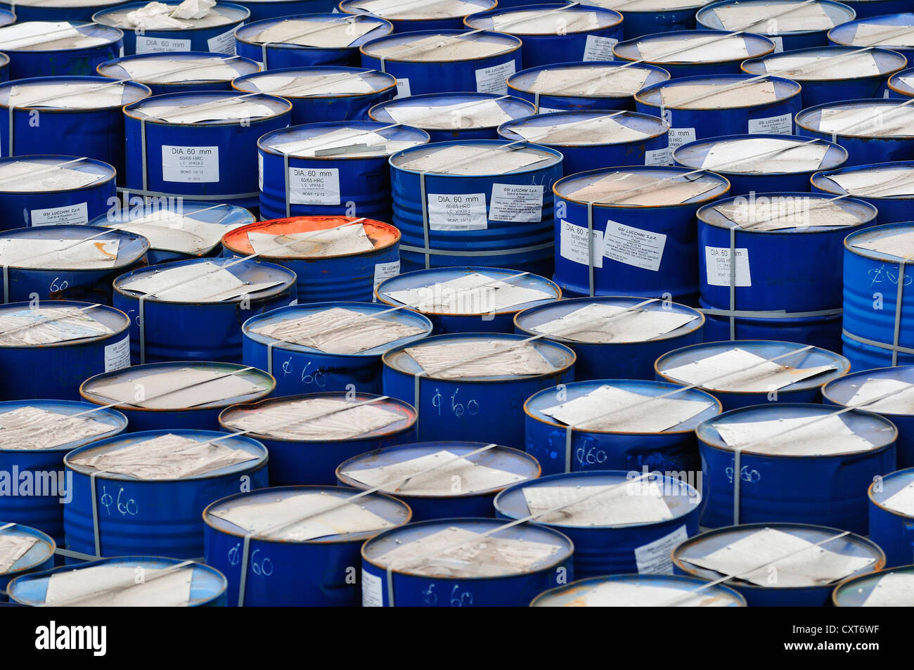 Barrels ready for transportation in the port, Piombino, Tuscany, Italy, Europe Stock Photo