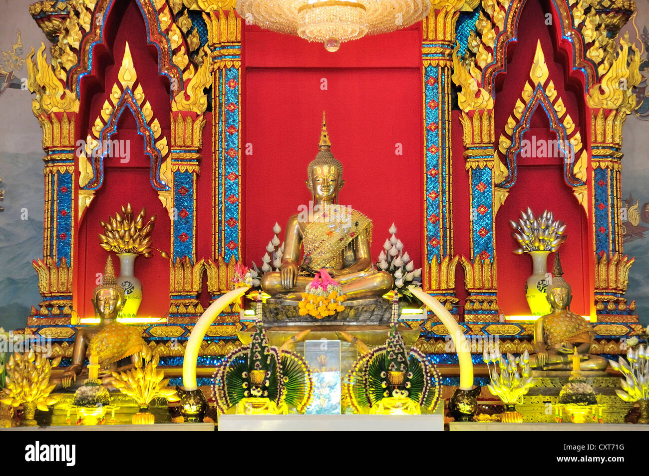 Altar with a golden Buddha statue from the Lan Xang era, Wat Pho Chai, Nong Khai, Thailand, Asia, PublicGround Stock Photo