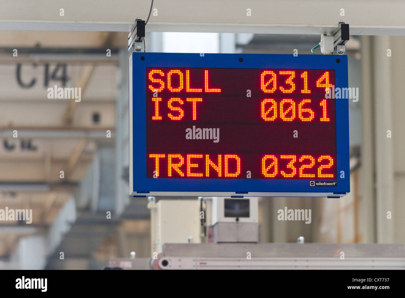 Display 'Soll - Ist - Trend', German for 'target, current, trend', gear production, production of gearbox DQ 250, Volkswagen AG Stock Photo