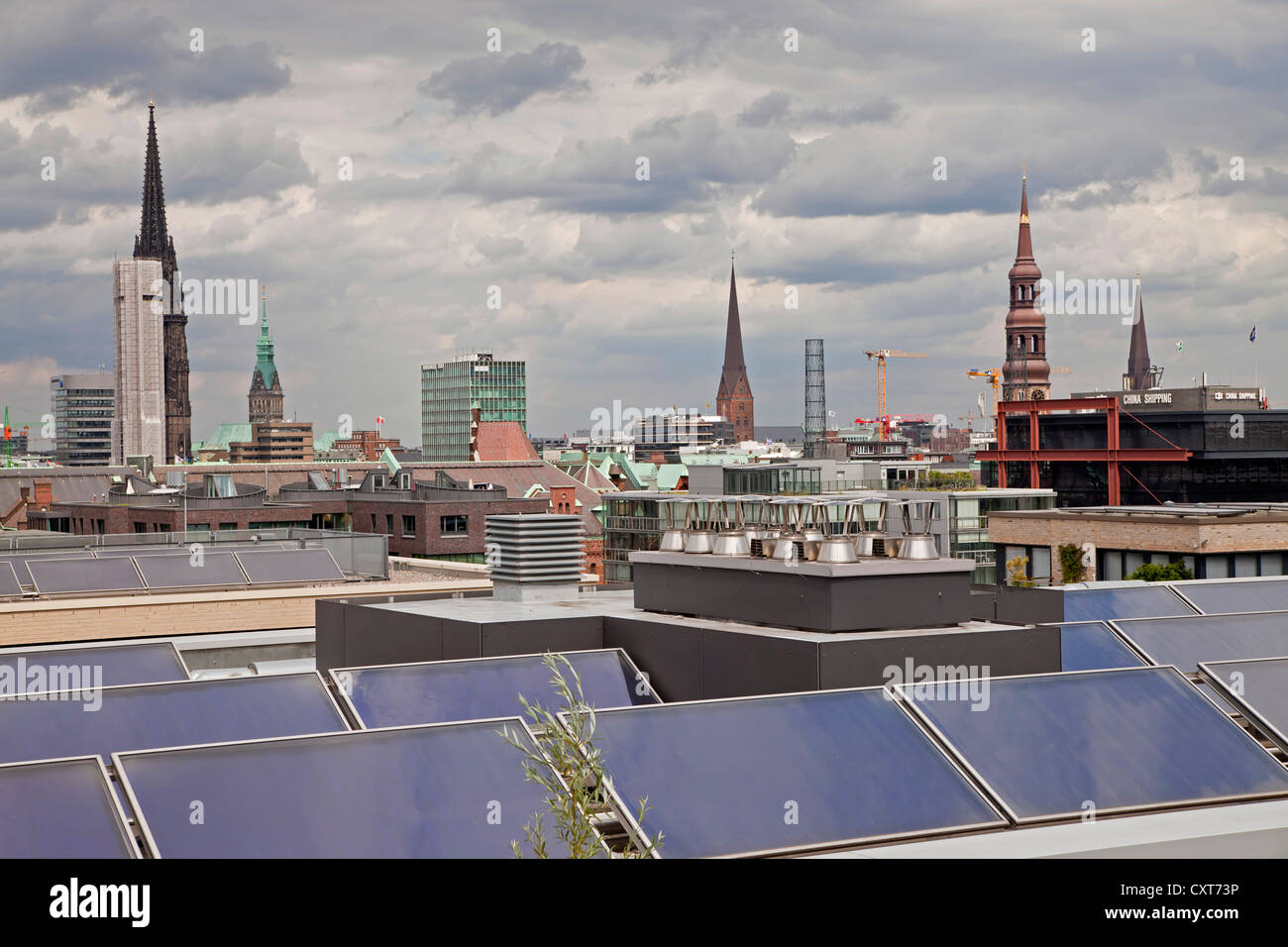 City view with a solar plant on a roof, Free and Hanseatic City of Hamburg, Germany, Europe Stock Photo