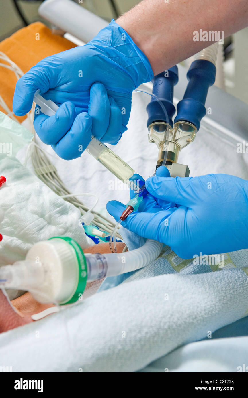 A drug is administered into an IV line, intensive care unit, Klinikum Augsburg hospital, Bavaria, Germany, Europe Stock Photo