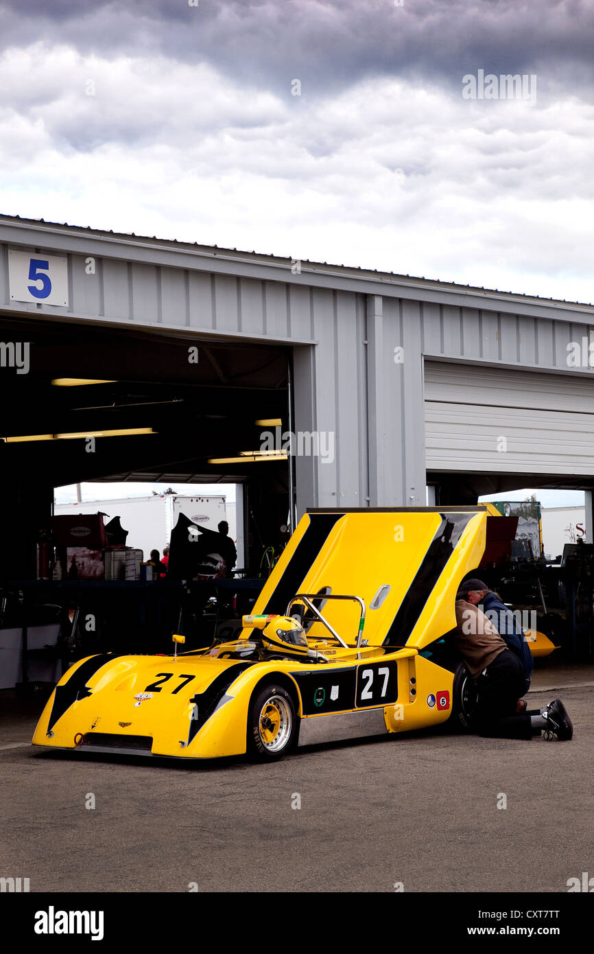 Sports car in the garage area at Watkins Glen Historic races Stock Photo Alamy