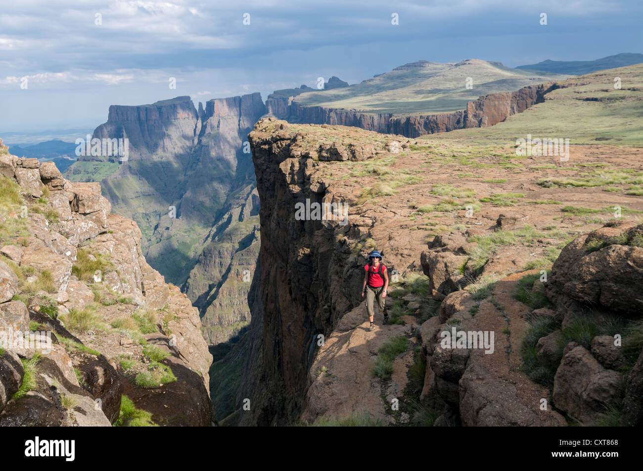 Woman standing on the plateau, Devil's Tooth, Sentinel Hiking Trail, Drakensberg Mountains, KwaZulu-Natal, South Africa, Afria Stock Photo