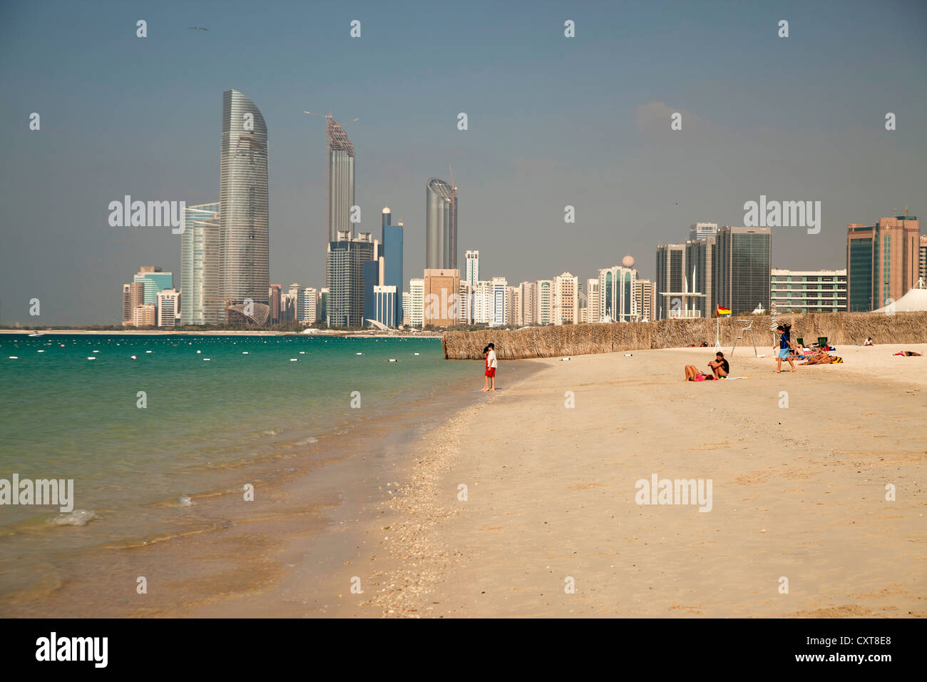 The public beach and the skyline of Abu Dhabi, United Arab Emirates, Asia Stock Photo