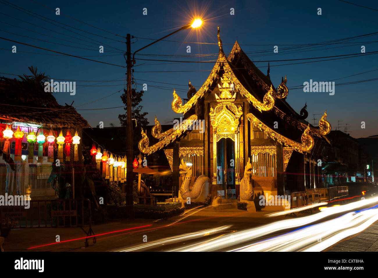 Teak Wood Temple at night, Chiang Mai, Northern Thailand, Thailand, Asia Stock Photo