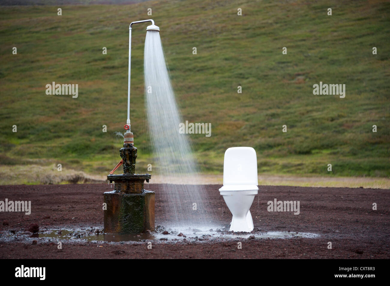 Outdoor toilet and shower, sculpture, art installation, Norðurland, Nordurland eystra, Northeast Iceland, Iceland, Europe Stock Photo