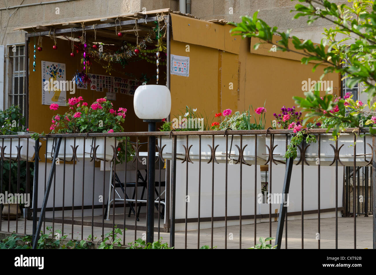 Cardboard sukkah booth for sukkot Jewish festival with flowers in foreground. Jerusalem. Israel. Stock Photo