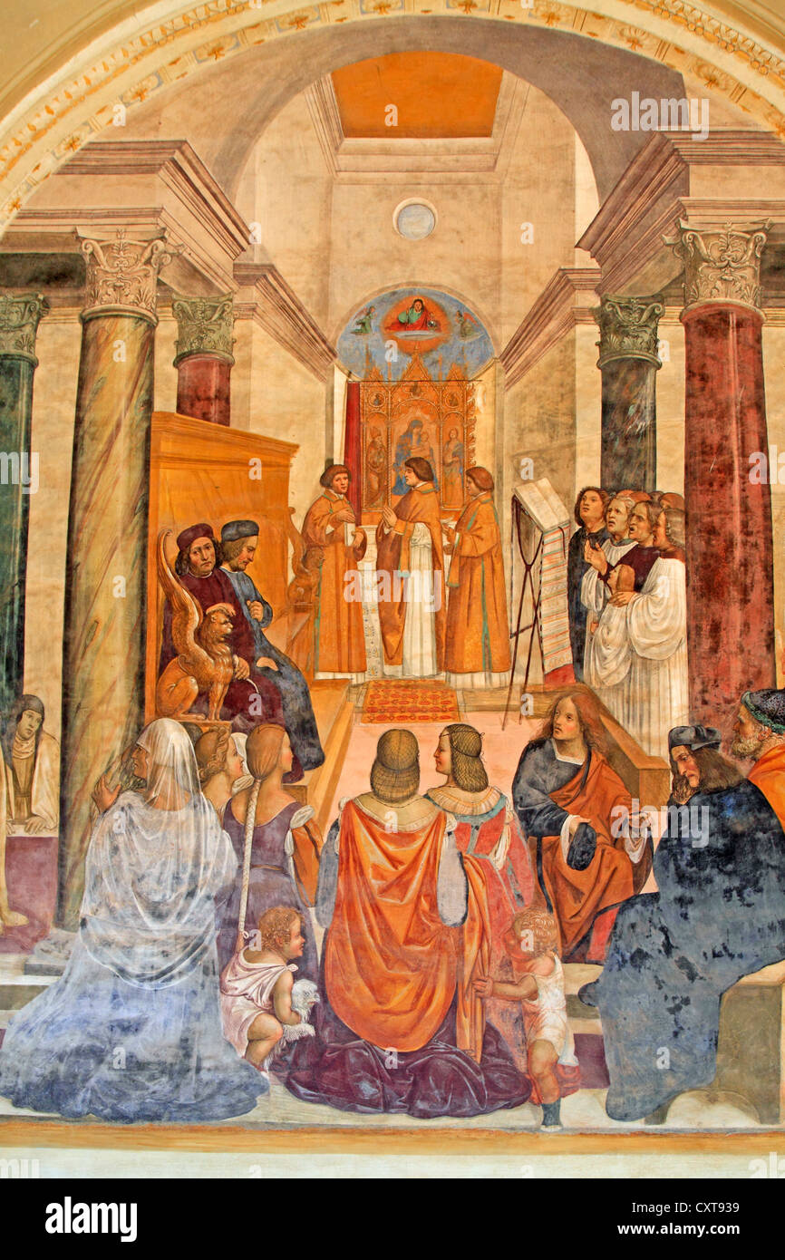 Fresco series depicting the life of St. Benedict, fresco by Sodoma, scene 33, Benedict providing absolution for excommunicated Stock Photo