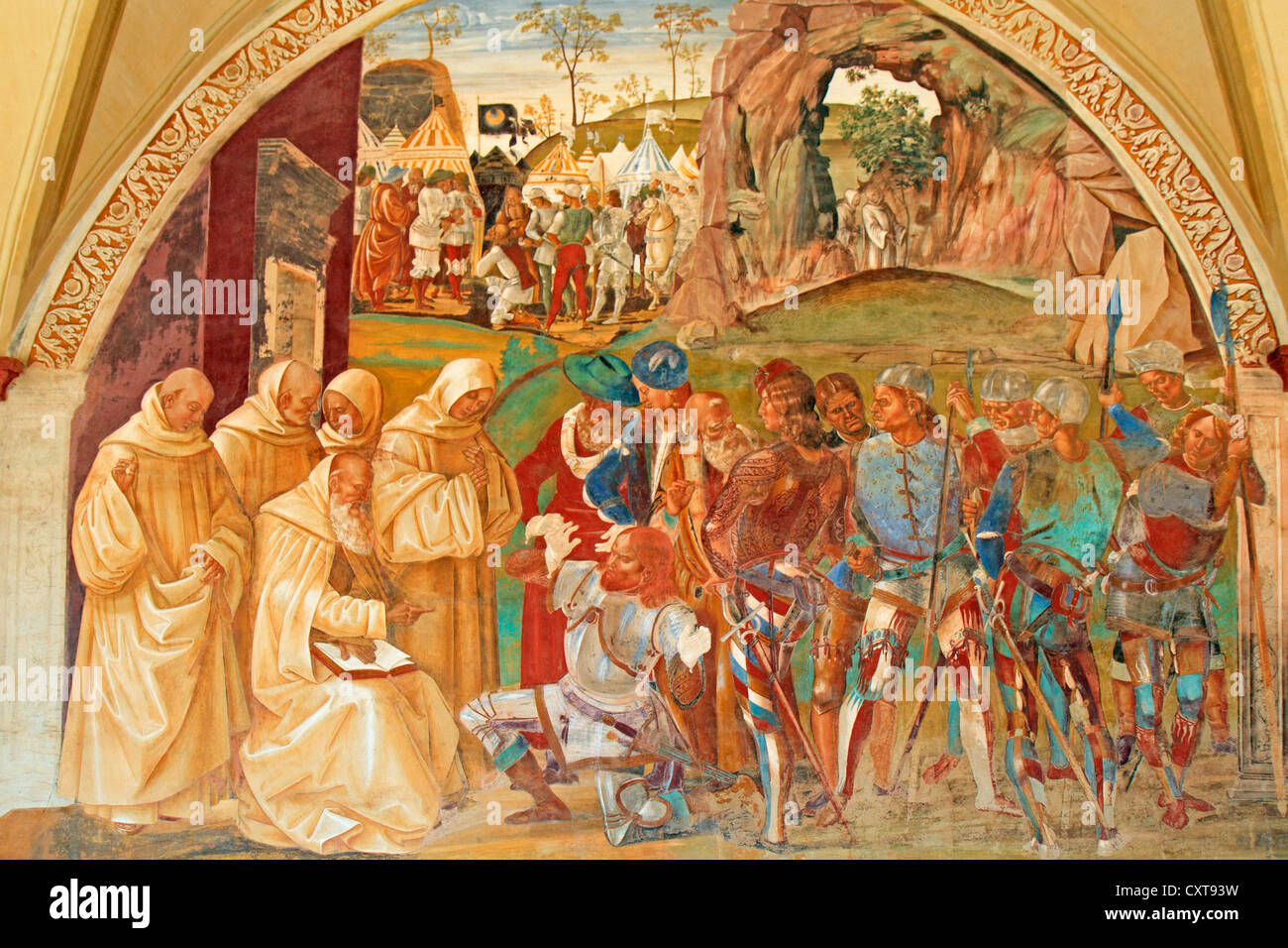 Fresco series depicting the life of St. Benedict, fresco by Signorelli, scene 20, Benedict predicting the destruction of Monte Stock Photo