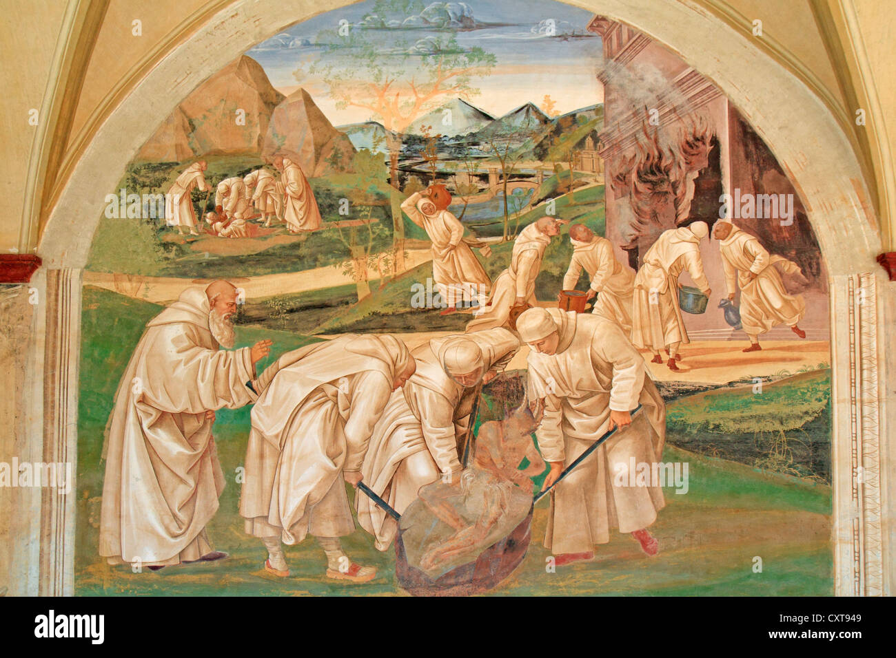 Fresco series depicting the life of St. Benedict, fresco by Signorelli, scene 21, Benedict expelling the devil who was blocking Stock Photo