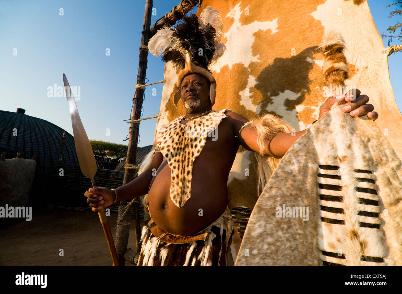 Zulu warrior, film set of Shakazulu, Shakaland, KwaZulu-Natal, South Africa, Africa Stock Photo