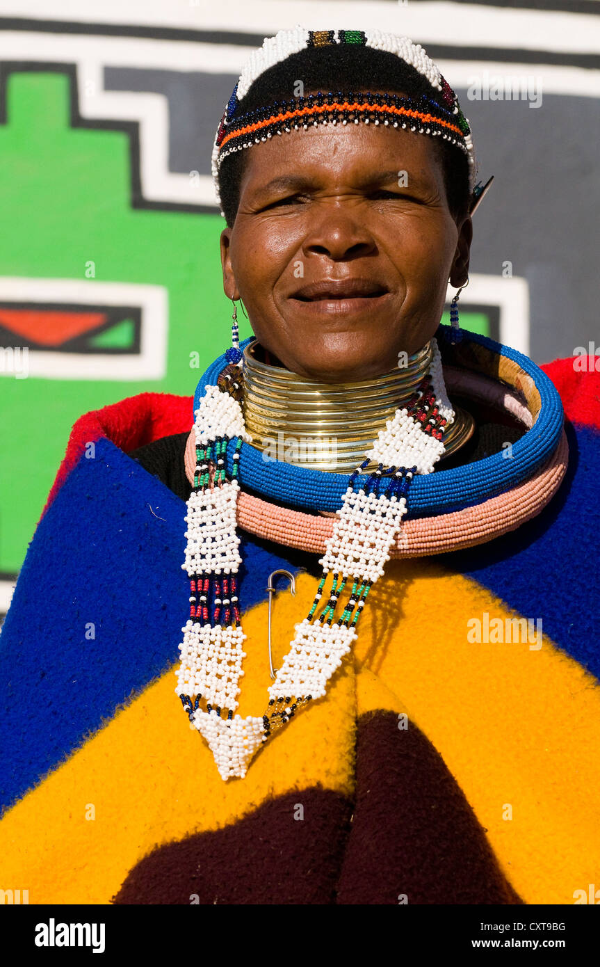Ndebele woman wearing traditional dress, portrait, Botshabele Mission Station, Limpopo, South Africa, Africa Stock Photo