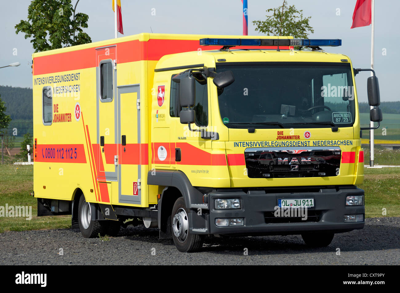 MAN truck, a St. John emergency vehicle, intensive care relocation service of Lower Saxony, RETTmobil, trade fair in Fulda Stock Photo