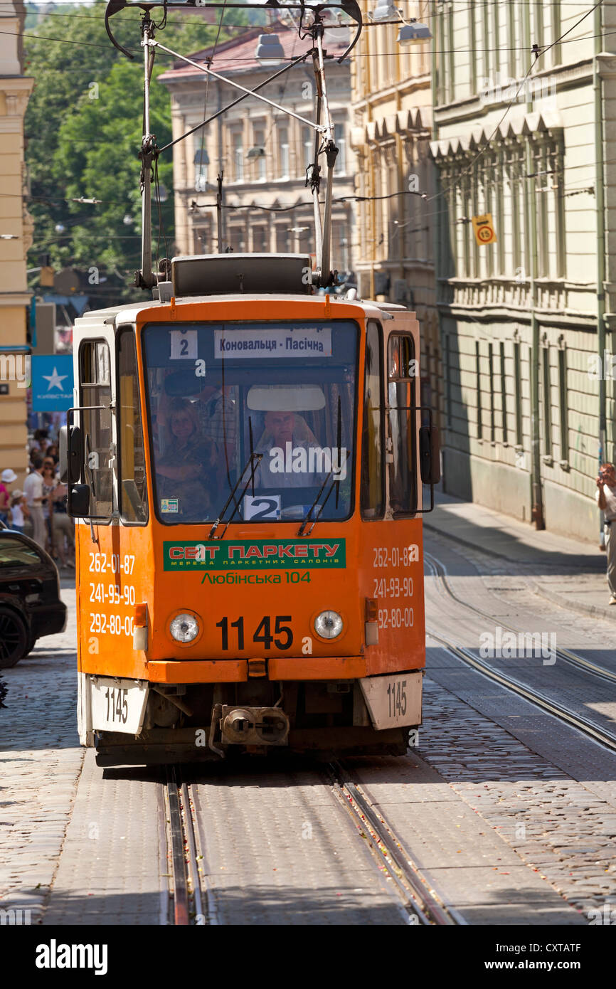 Tram, L'viv city centre, Ukraine Stock Photo