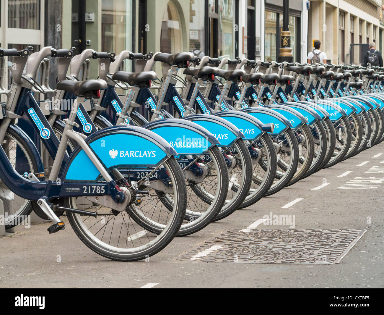 Boris bikes, cycles for hire rental in docking bay,London, England Stock Photo