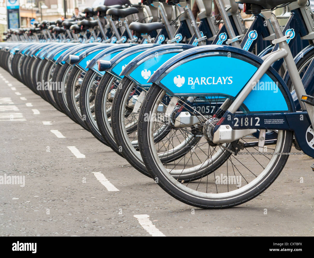 Boris bikes, cycles for hire rental in docking bay,London, England Stock Photo