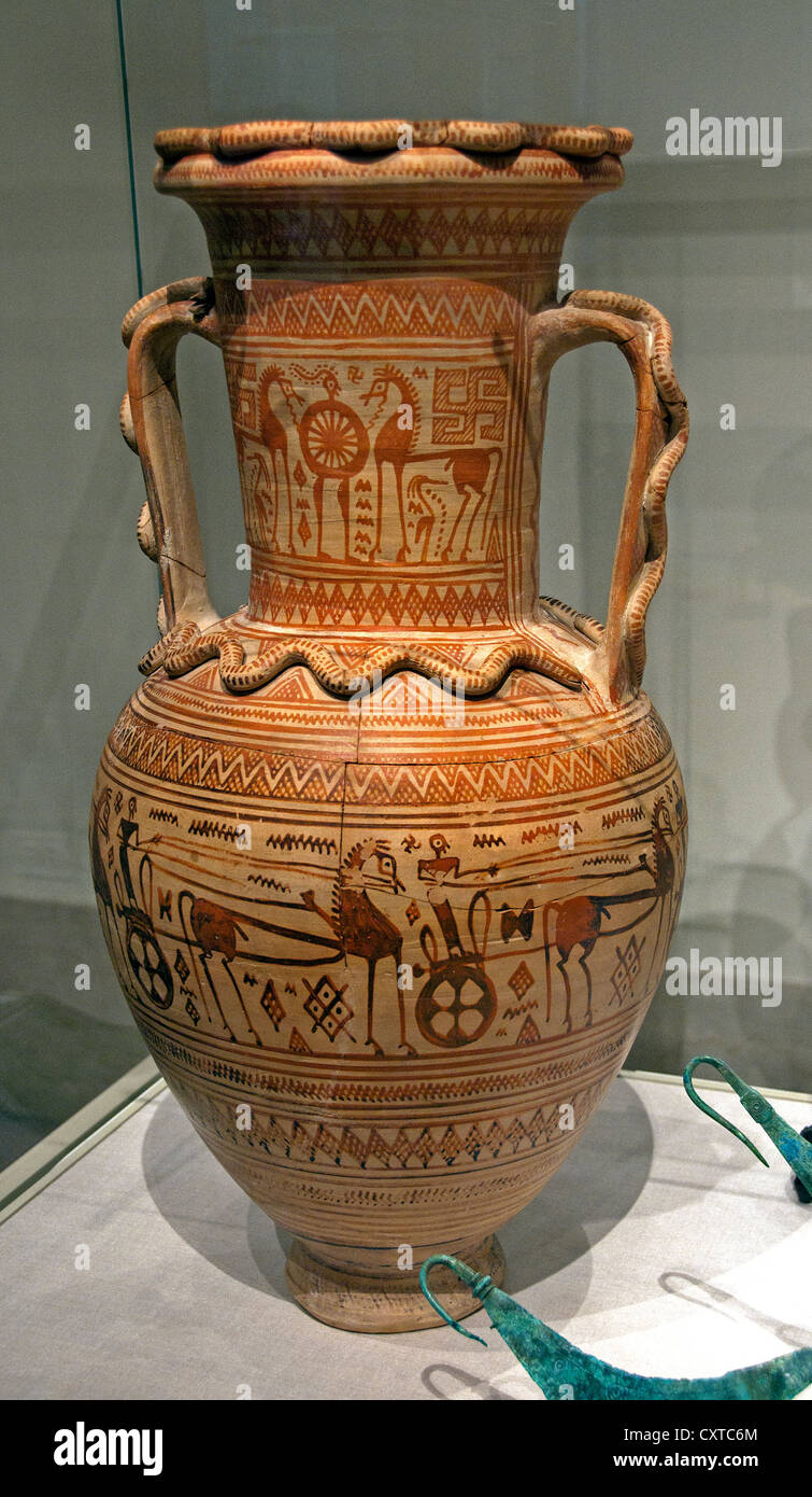 Terracotta neck Amphora Greek Attic Geometric 8th Century BC Greek Greece War Warriors Horses Chariots Soldiers Stock Photo