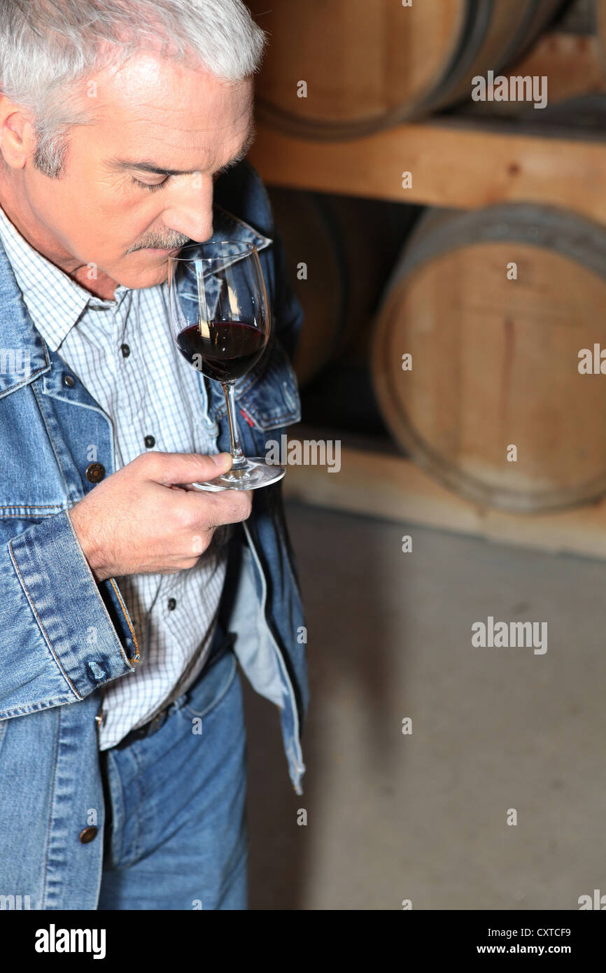 man tasting wine in storehouse Stock Photo - Alamy