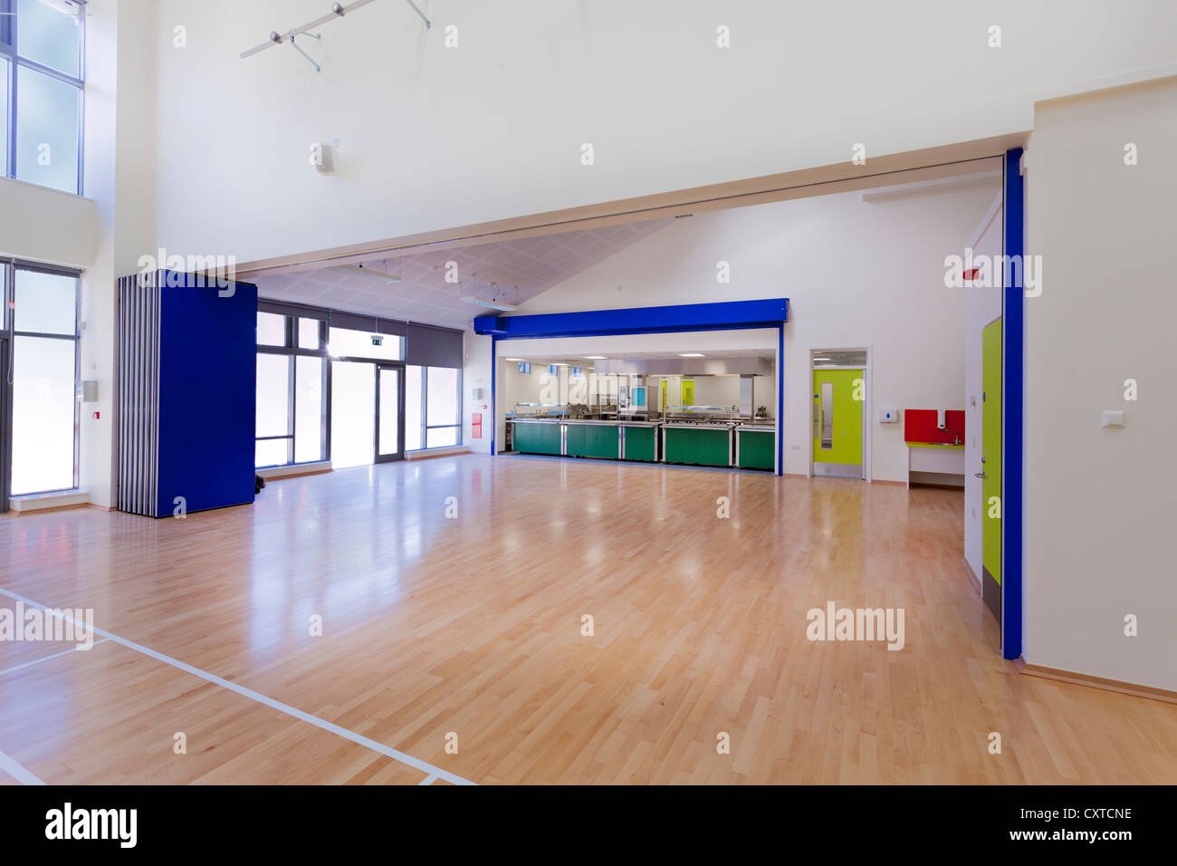 Primary school hall with school kitchen at Newlands Primary School Southampton. Stock Photo