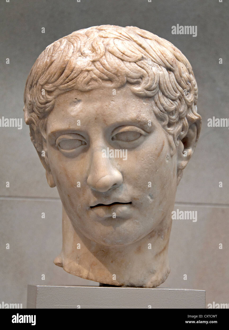 Marble Head of a Youth Roman Claudian Period 41 - 54 Copy Greek statue 450 BC by Polykleitos Greece Stock Photo