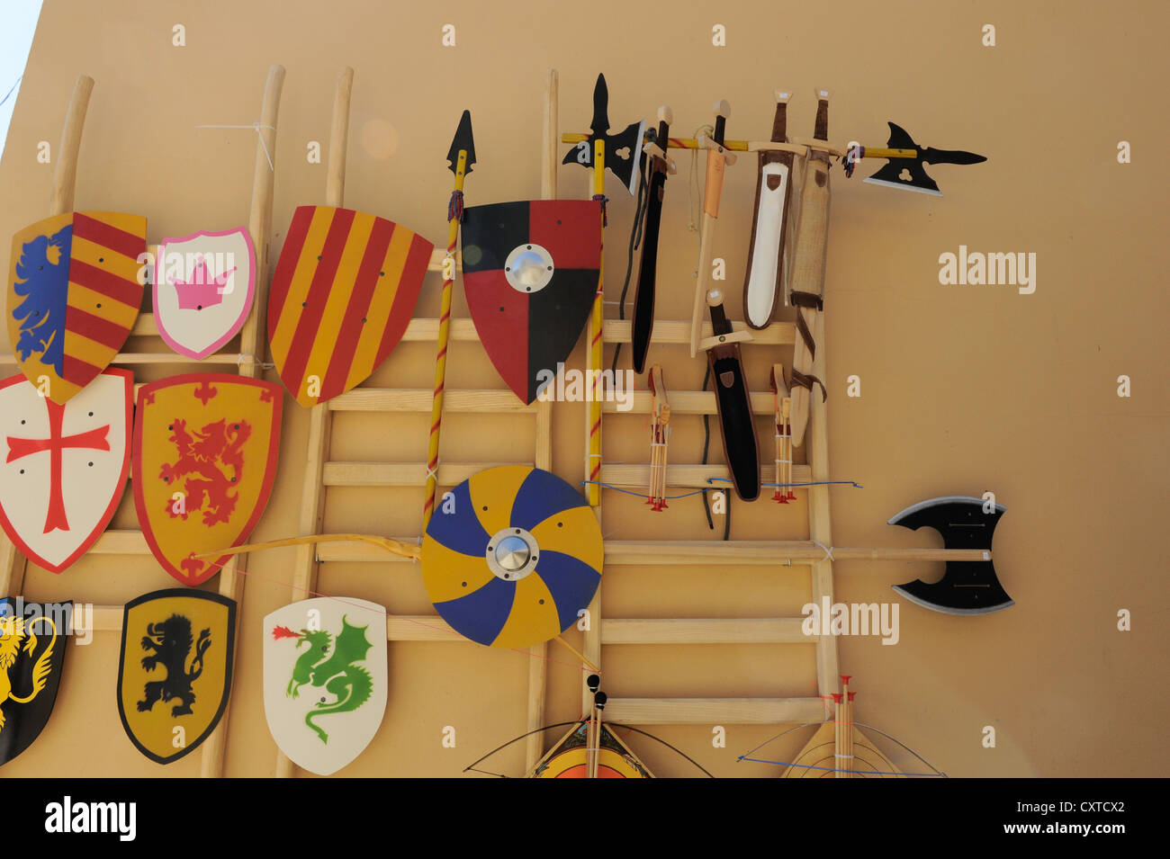 Wooden weapons, Besalu, Spain Stock Photo