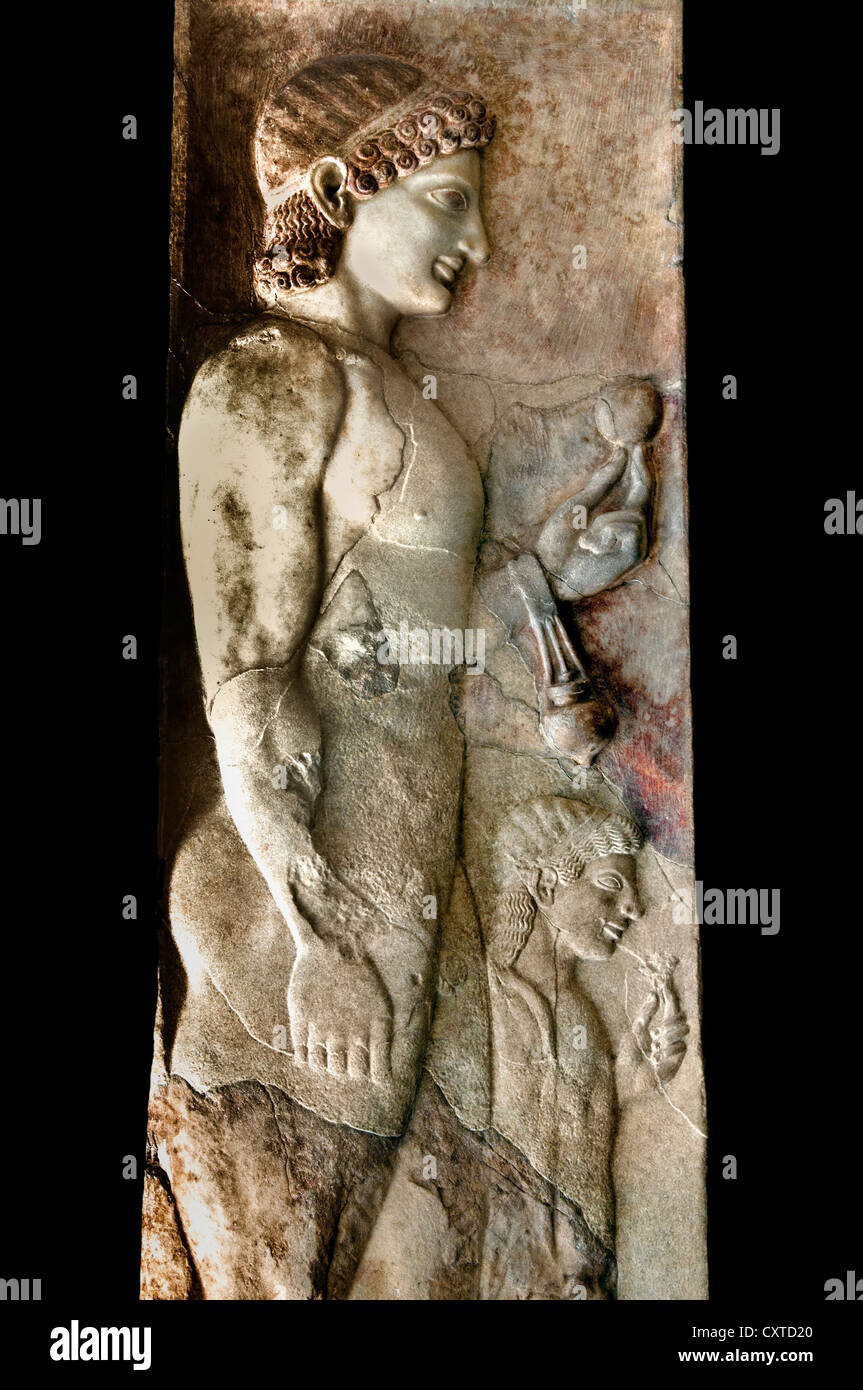 Marble stele grave markerof a youth and a little girl Archaic ca. 530 B.C. Greek Attic Marble Greece Stock Photo