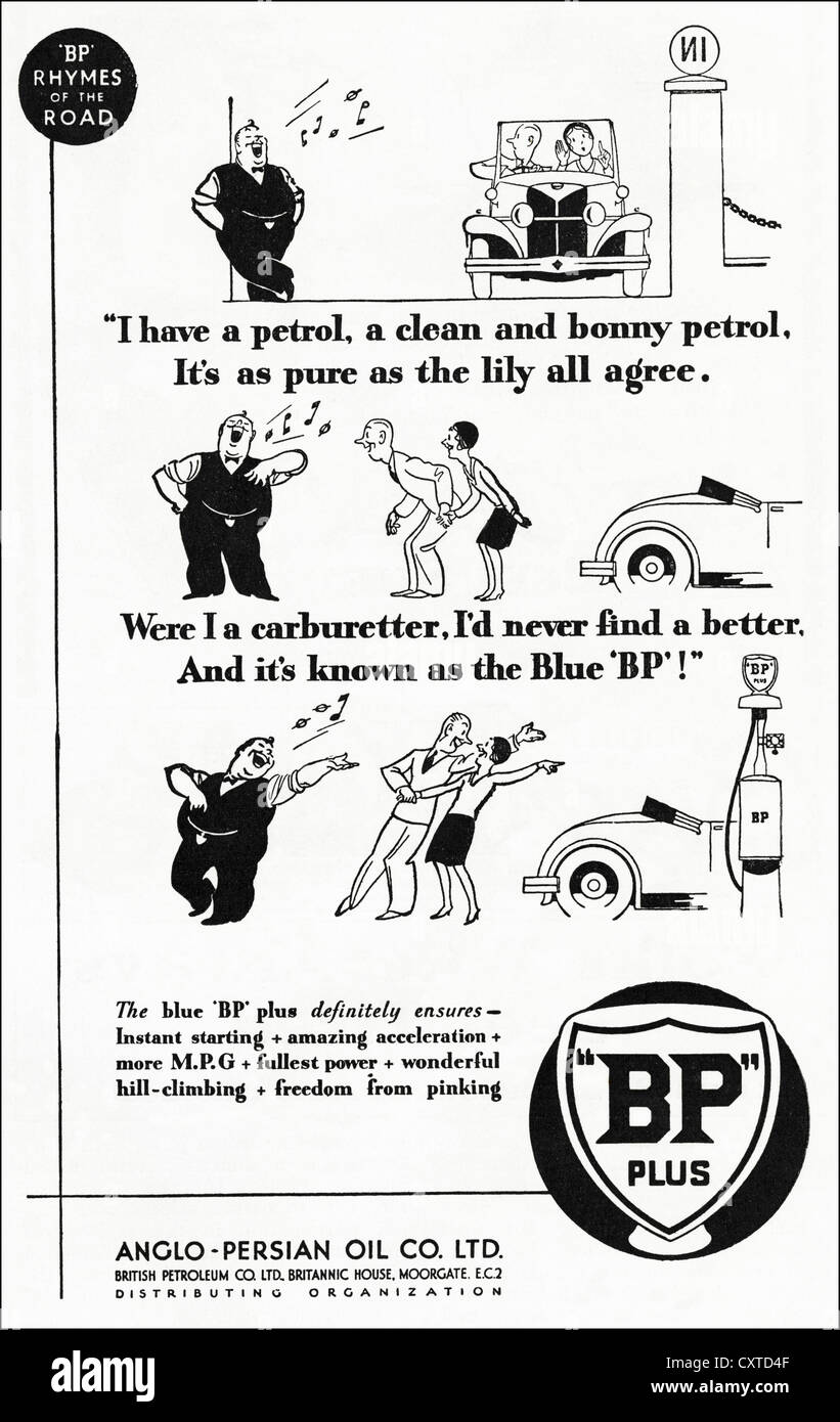 Original 1930s vintage print advertisement from English consumer magazine advertising BP Plus petrol for the Anglo - Persian Oil Co Ltd Stock Photo