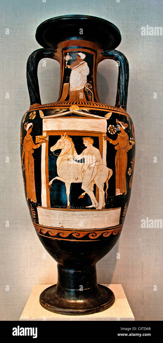 Terracotta neck amphora jar APZ Painter  330–300 BC  Greek South Italian Campanian Youth horse naiskos women neck woman Eros Stock Photo