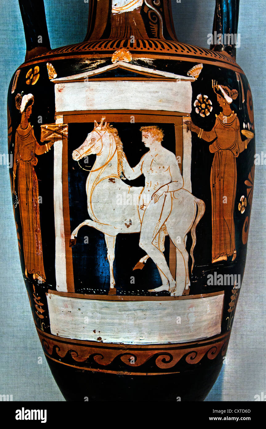 Terracotta neck amphora jar APZ Painter  330–300 BC  Greek South Italian Campanian Youth horse naiskos women neck woman Eros Stock Photo